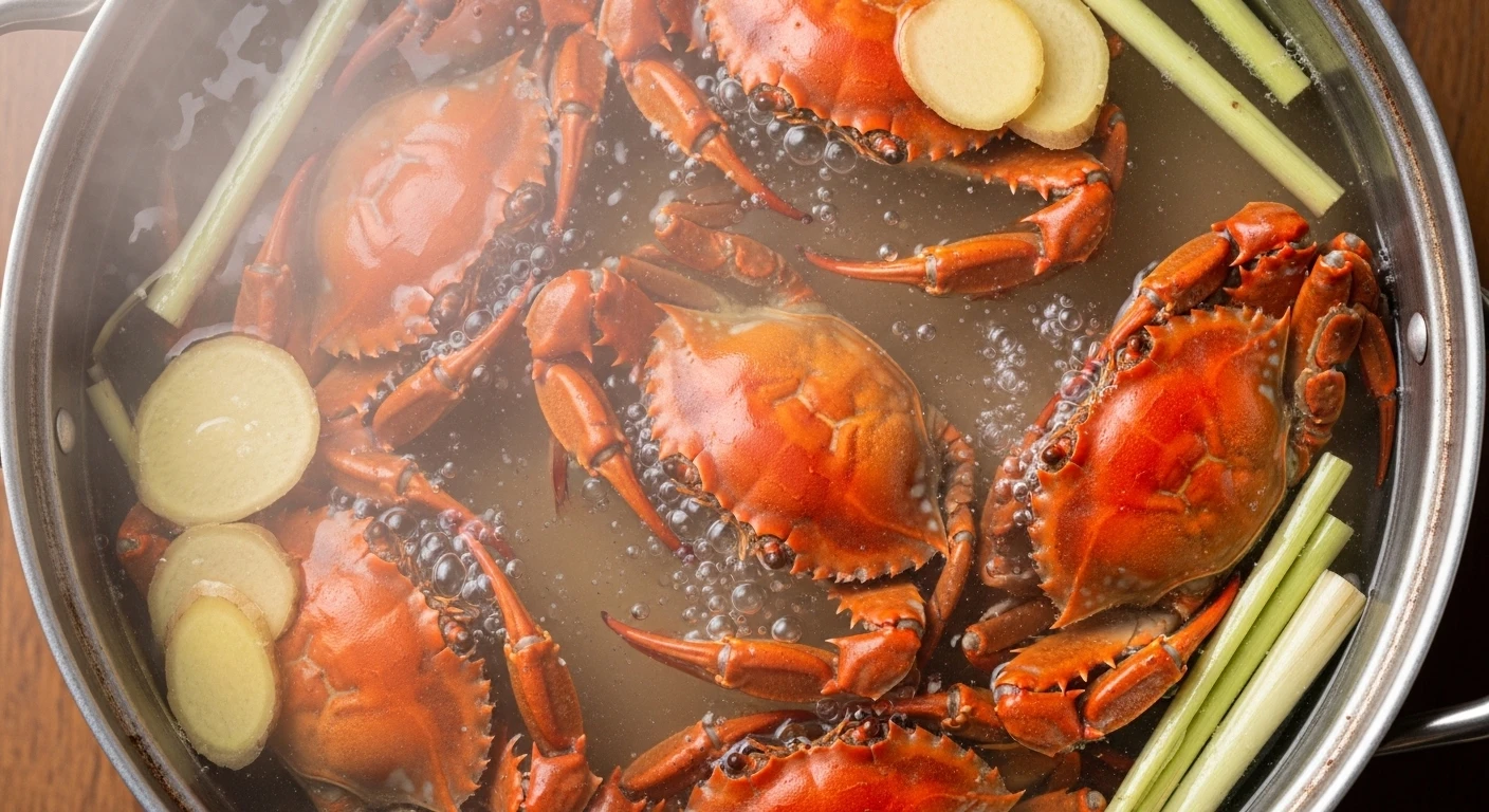 Ghẹ đang luộc trong nồi với gừng sả