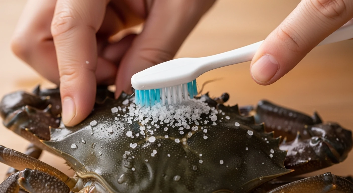 Bàn chải đánh răng, muối hạt và cua biển