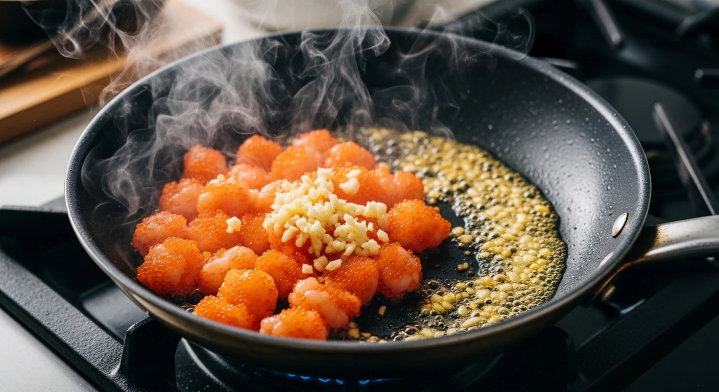 Chảo tôm càng xanh đang phi thơm bơ tỏi với gạch tôm