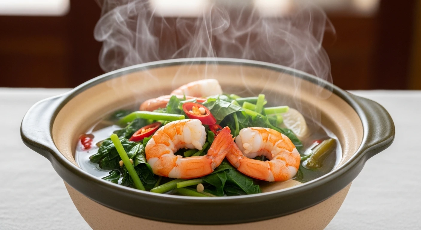 Nồi canh chua tôm me đất đang sôi với lá me đất và tôm