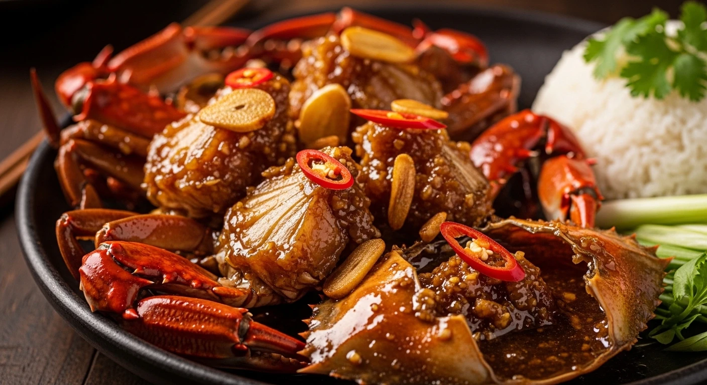 Blue Crab halves coated in sticky caramel fish sauce glaze