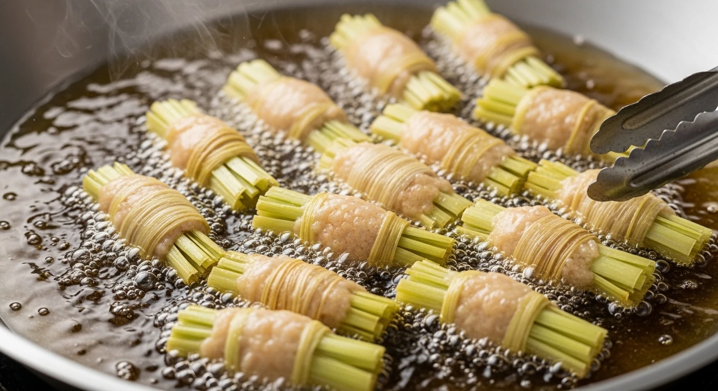 Chiên chả tôm sú bọc sả vàng giòn