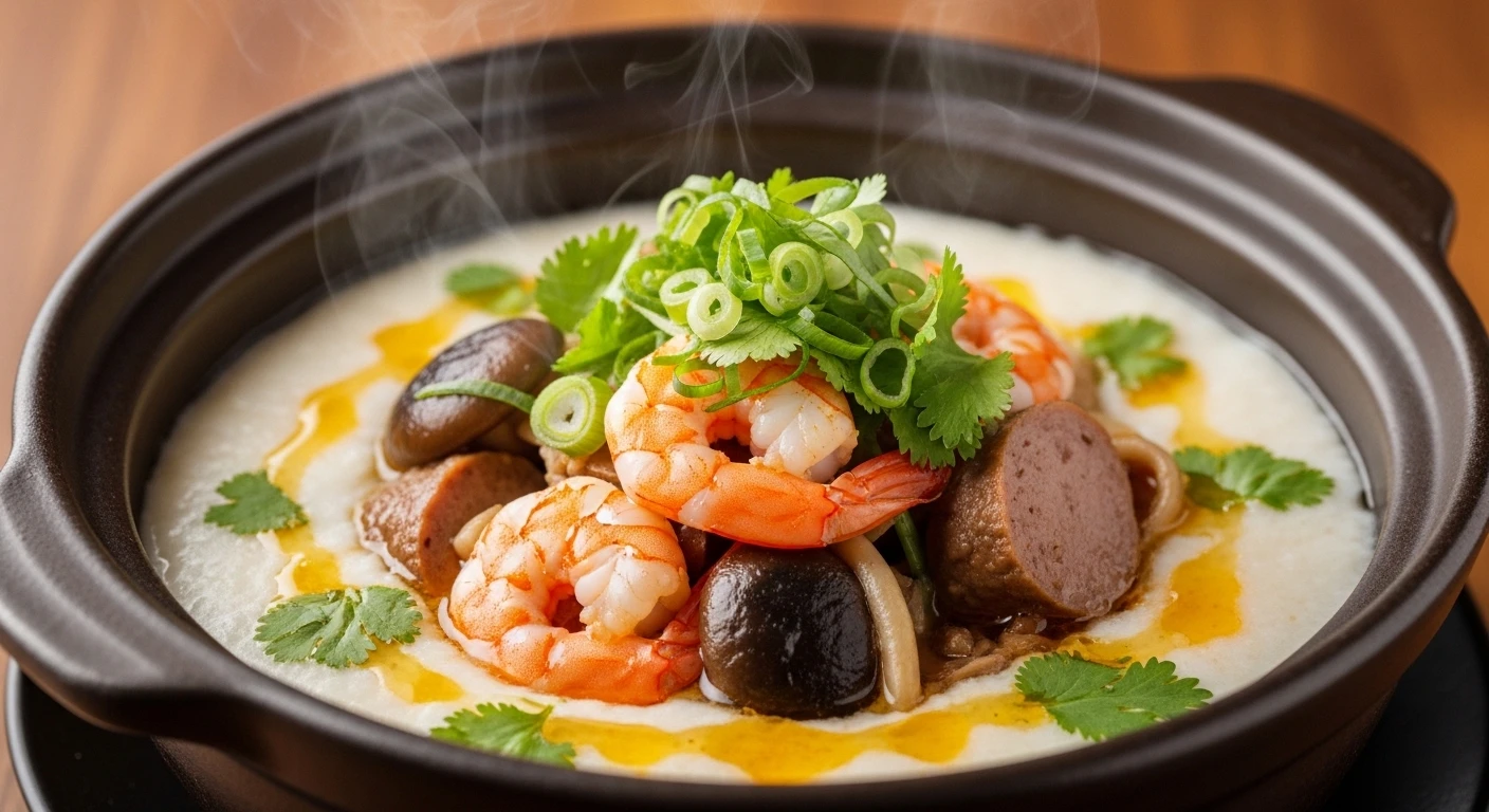 Tô cháo bề bề tôm thịt nấm rơm đã hoàn thành, trang trí hành ngò