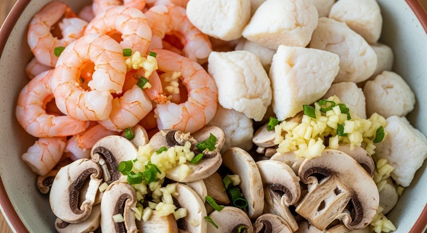 Thịt bề bề, tôm và nấm rơm đã sơ chế