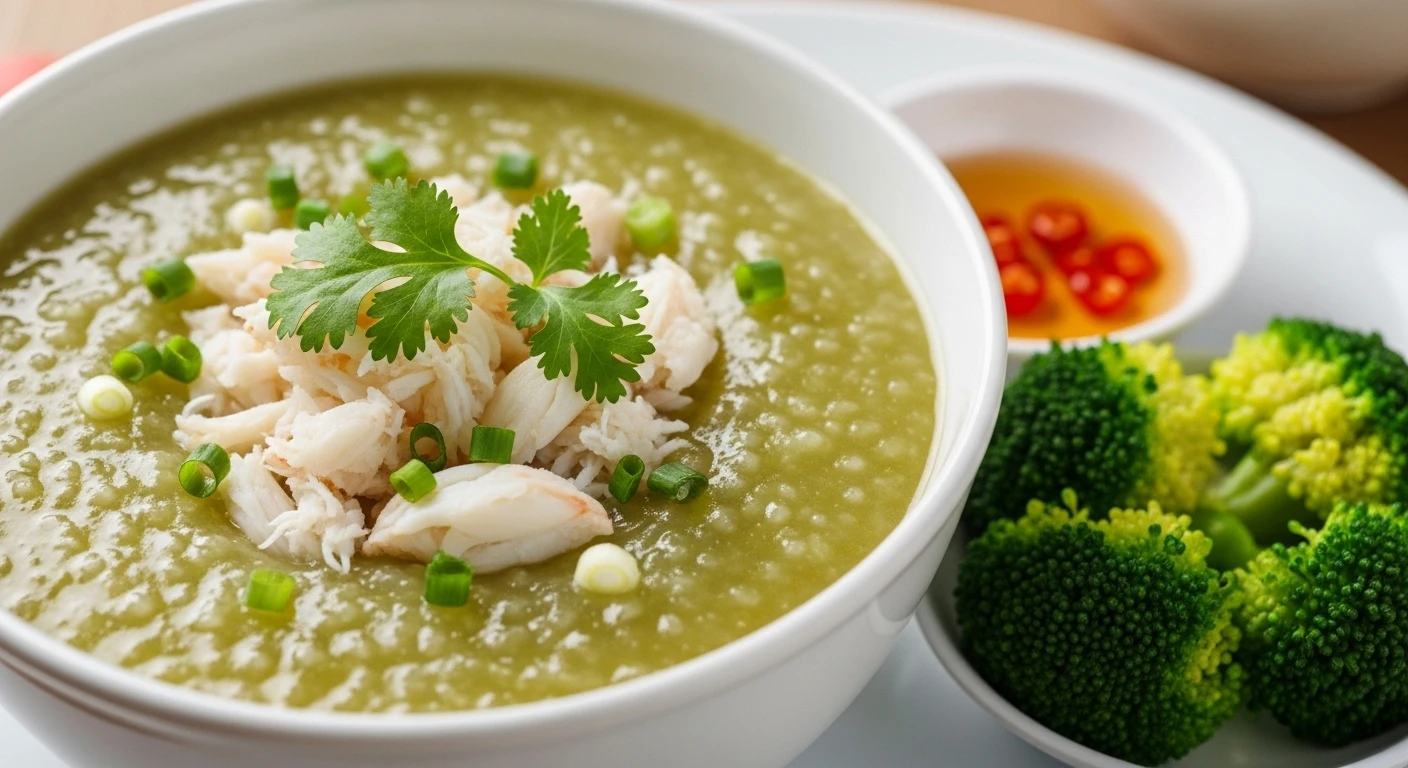 Thành phẩm cháo cua đậu xanh sánh mịn, hấp dẫn