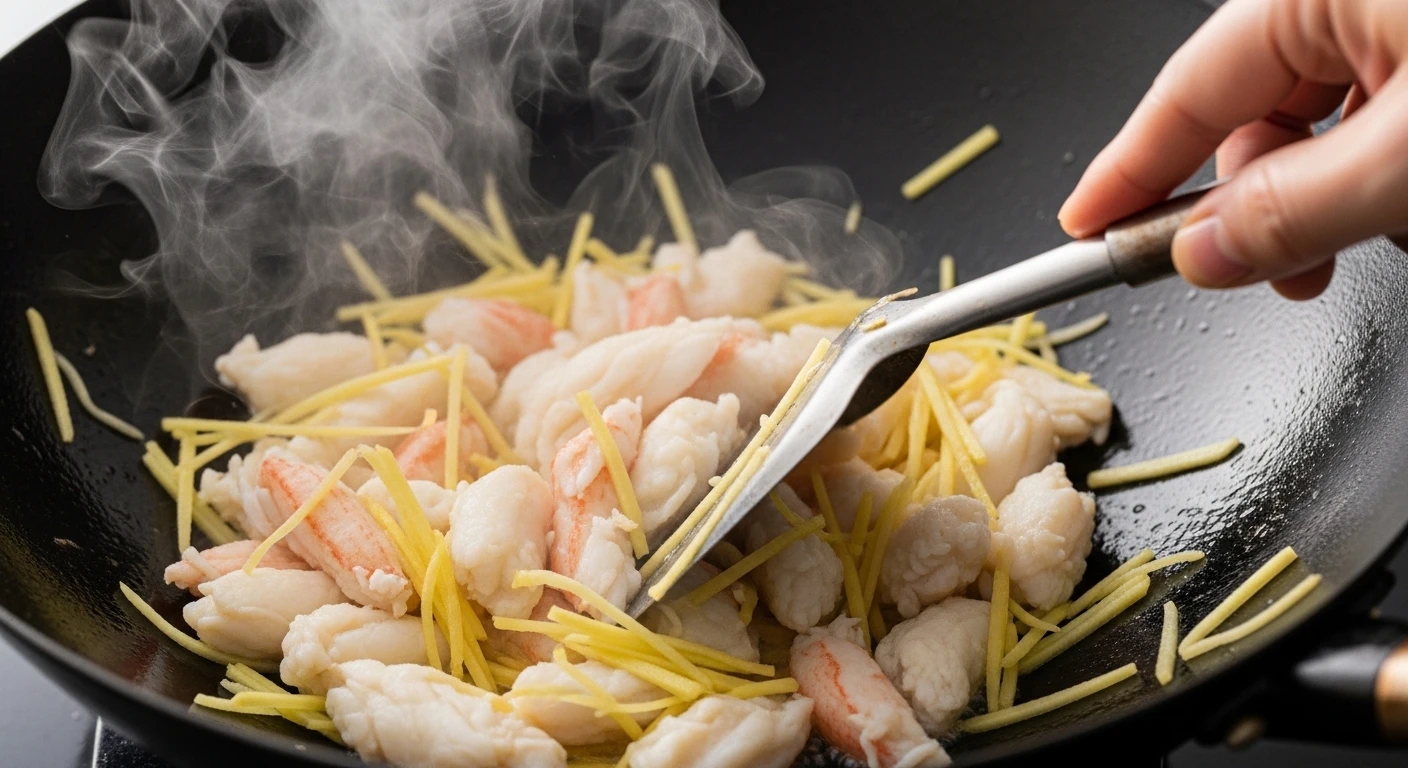 Công đoạn xào thịt cua với gừng