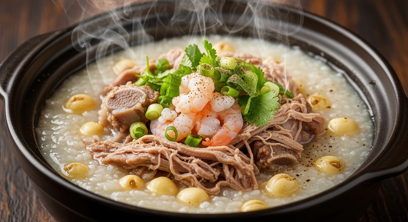 Tô cháo sườn non hạt sen tôm băm nhuyễn nóng hổi, thơm lừng