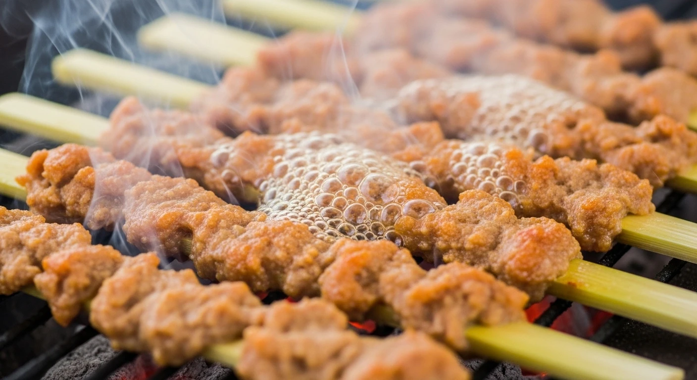 Chạo tôm băm cuộn mía nướng than hồng rực