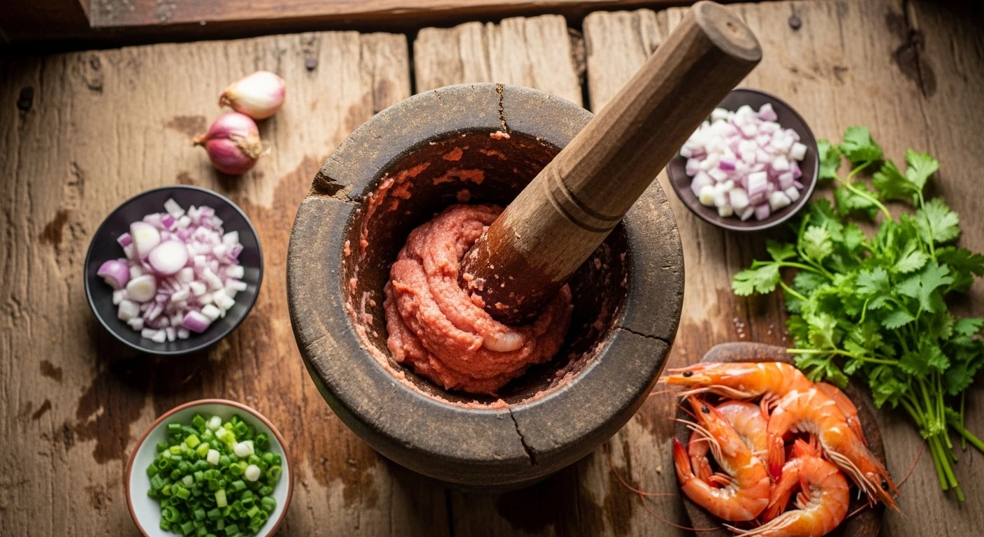 Công đoạn quết tôm làm chạo