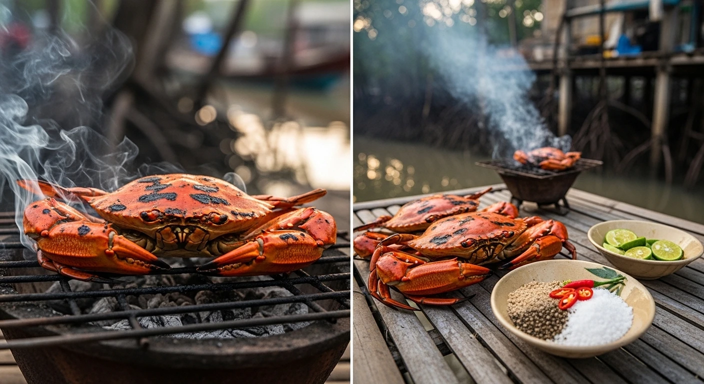 Perfectly grilled mud crab over charcoal with visible char marks