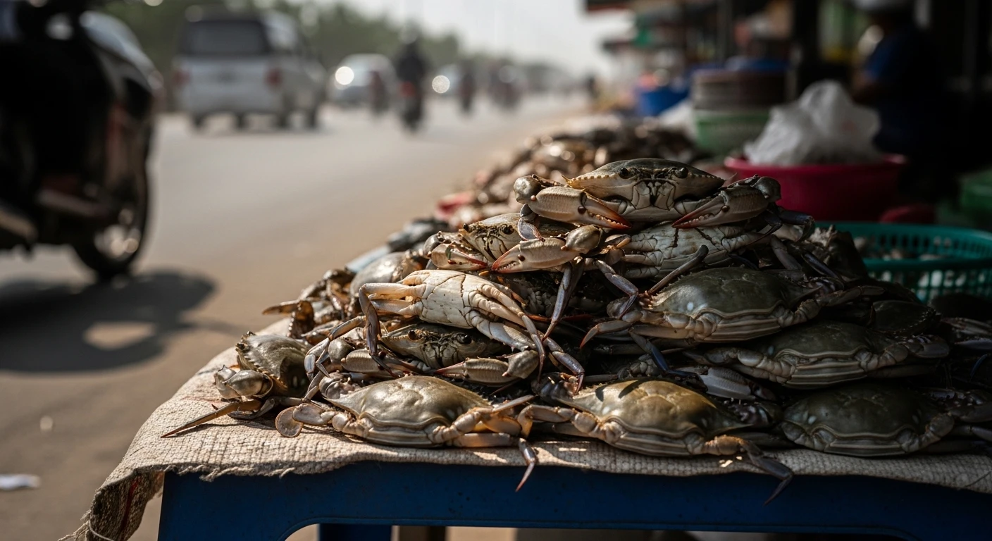 A pile of suspiciously cheap crabs on a roadside stall in Vietnam