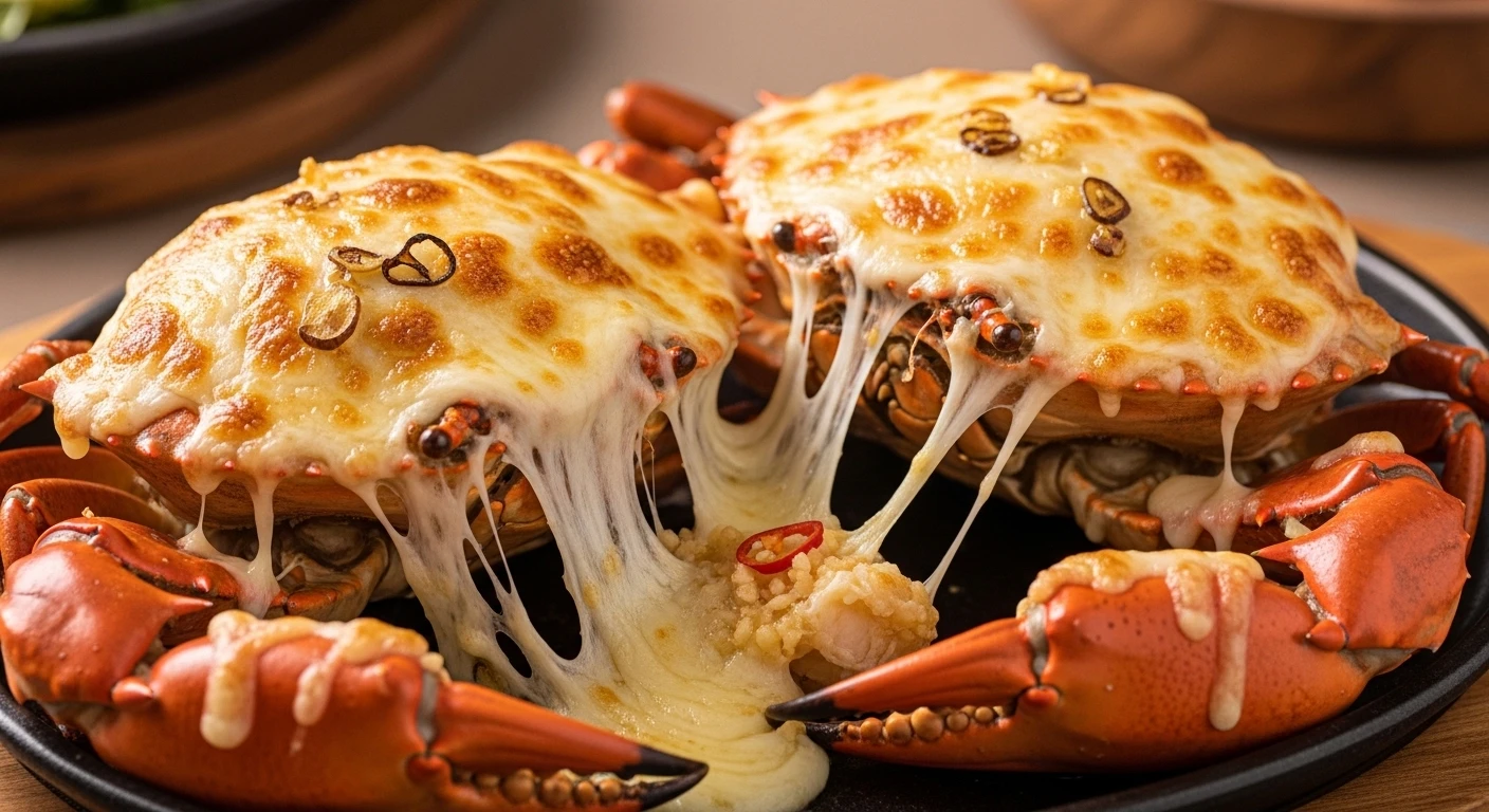 Cheese Baked Mud Crab with golden crust and melted mozzarella