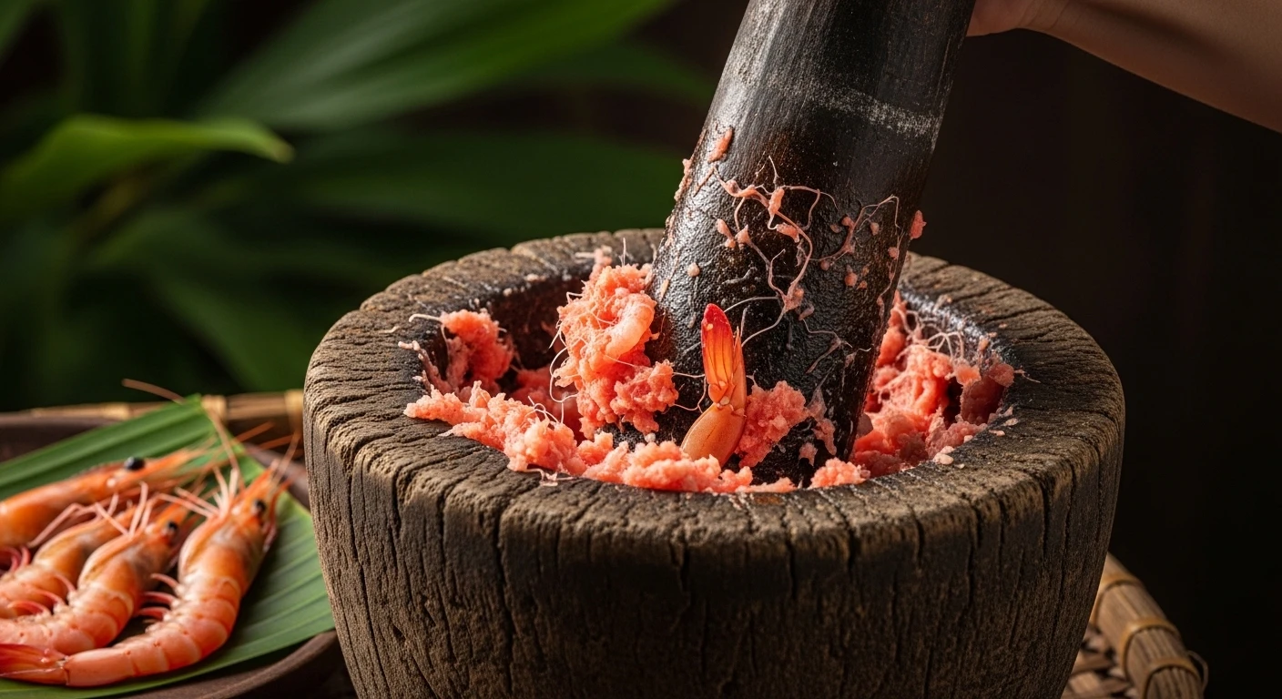 Hand-pounded shrimp paste in a mortar