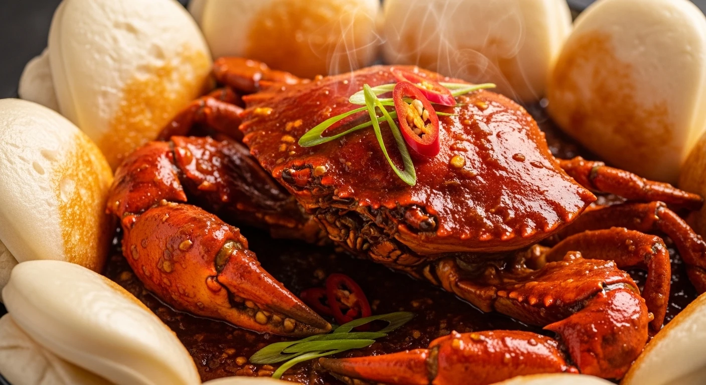 Singaporean Chili Crab served in a bowl with fluffy buns
