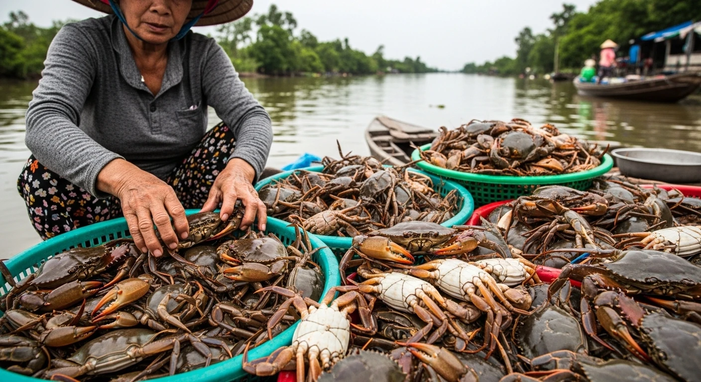 A person selling crabs from a boat on a Mekong Delta river