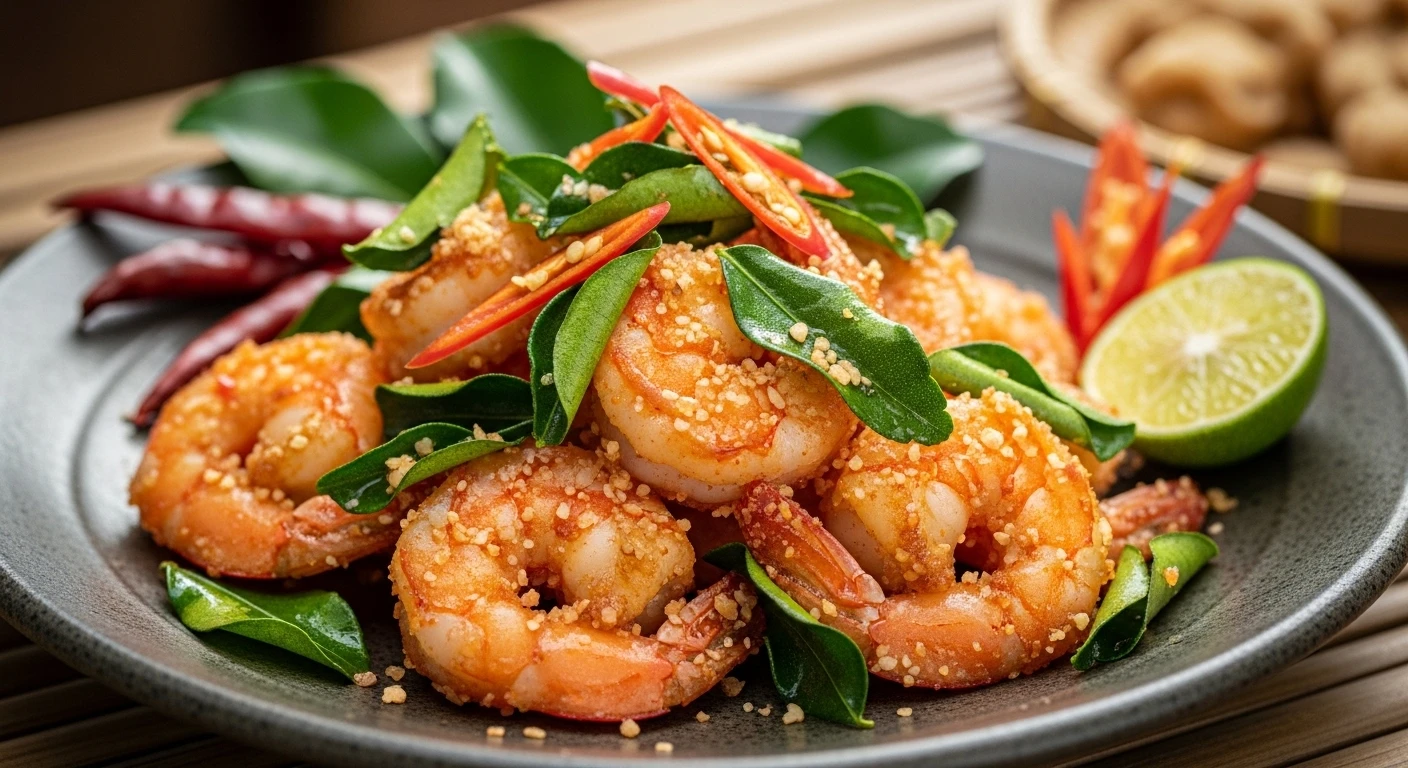 Crispy fried shrimp tossed in chili salt and lime leaves