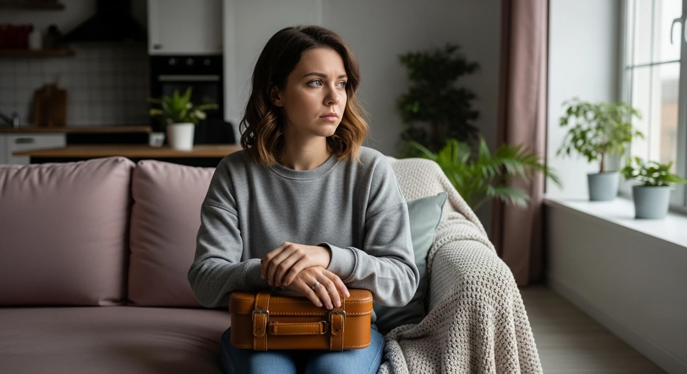 Một người vợ trẻ đẹp đang ngồi trên ghế sofa, tay ôm vali, vẻ mặt buồn bã nhìn ra cửa sổ như chuẩn bị rời đi.