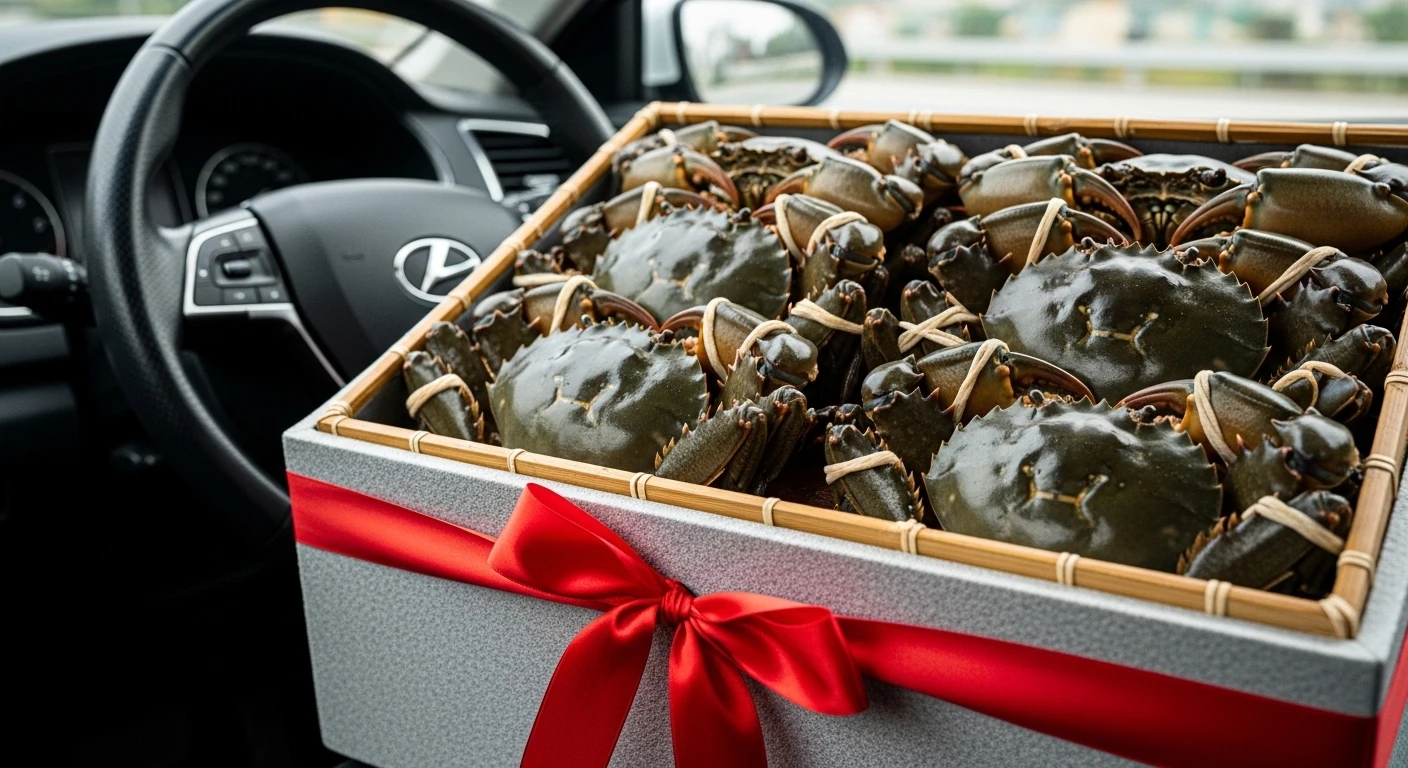 Hình ảnh một hộp cua Cà Mau tươi ngon, được đóng gói cẩn thận với nơ đỏ, đặt trên ghế ô tô sẵn sàng cho chuyến đi.