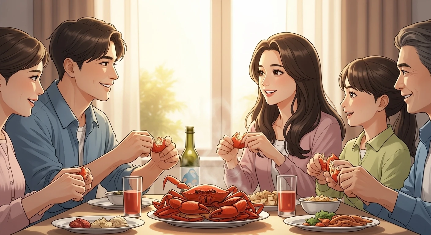 Một gia đình nhỏ đang quây quần bên mâm cơm với đĩa cua hấp nóng hổi, mọi người vui vẻ gỡ cua và trò chuyện. Có một cặp vợ chồng trẻ đang mỉm cười nhìn nhau.