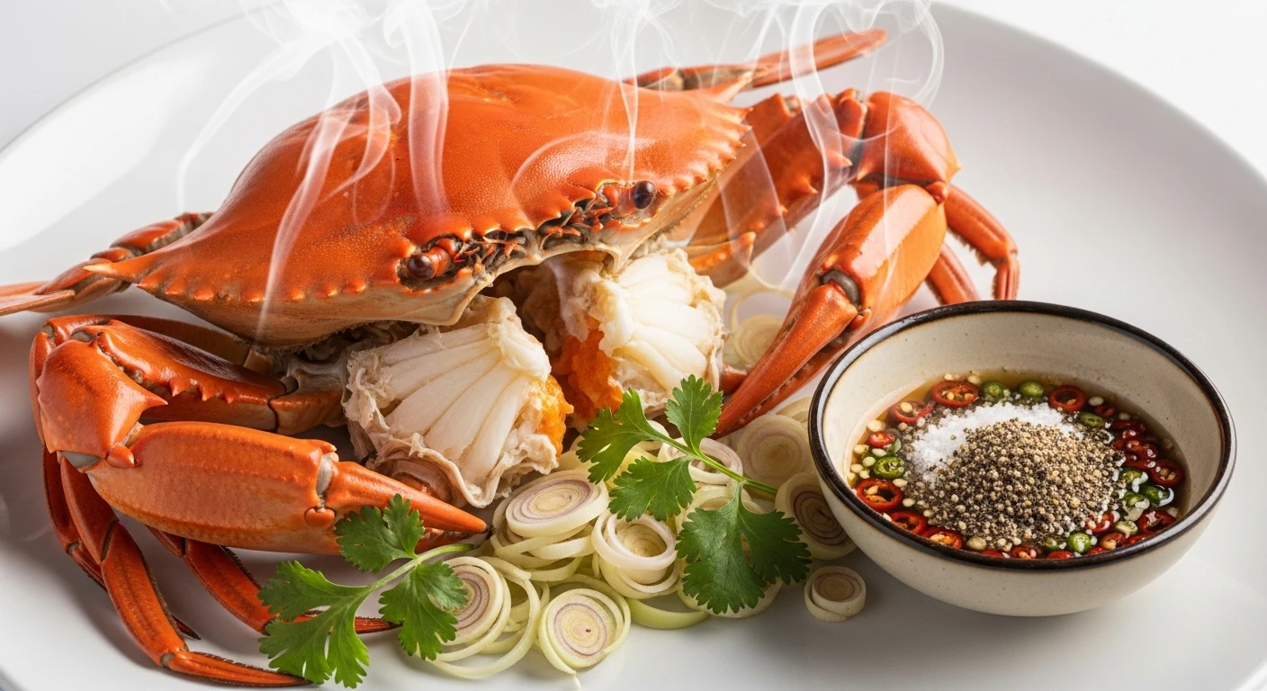 Cua Cà Mau hấp sả thơm lừng, thịt đỏ au, gạch vàng óng, trang trí đẹp mắt trên đĩa