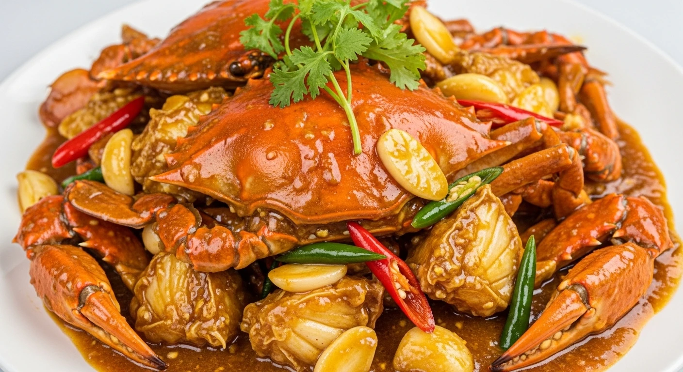 Món cua rang me vàng óng, sốt me chua ngọt bao phủ đều, trang trí lá rau răm xanh tươi.