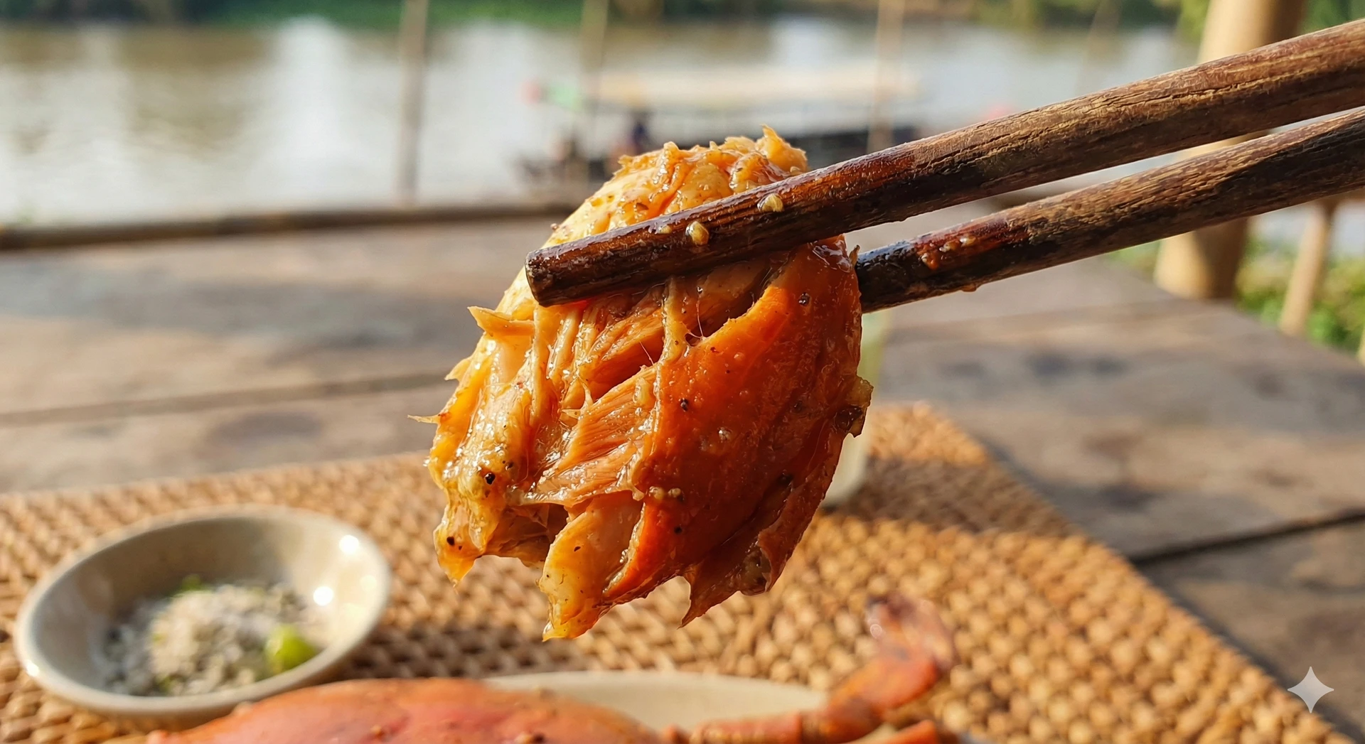 Person attempting to pick up crab meat with chopsticks in the Mekong Delta