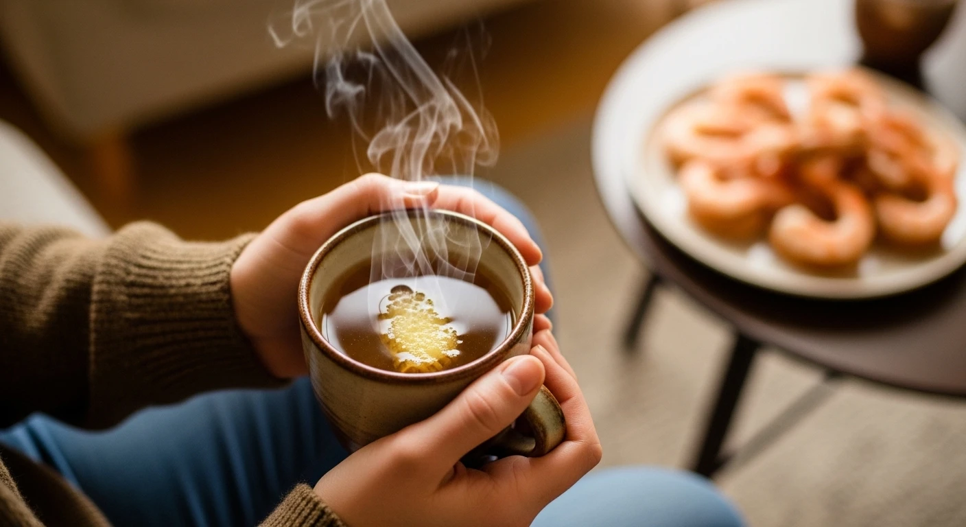 Người đang uống nước gừng mật ong trị đau bụng sau khi ăn hải sản