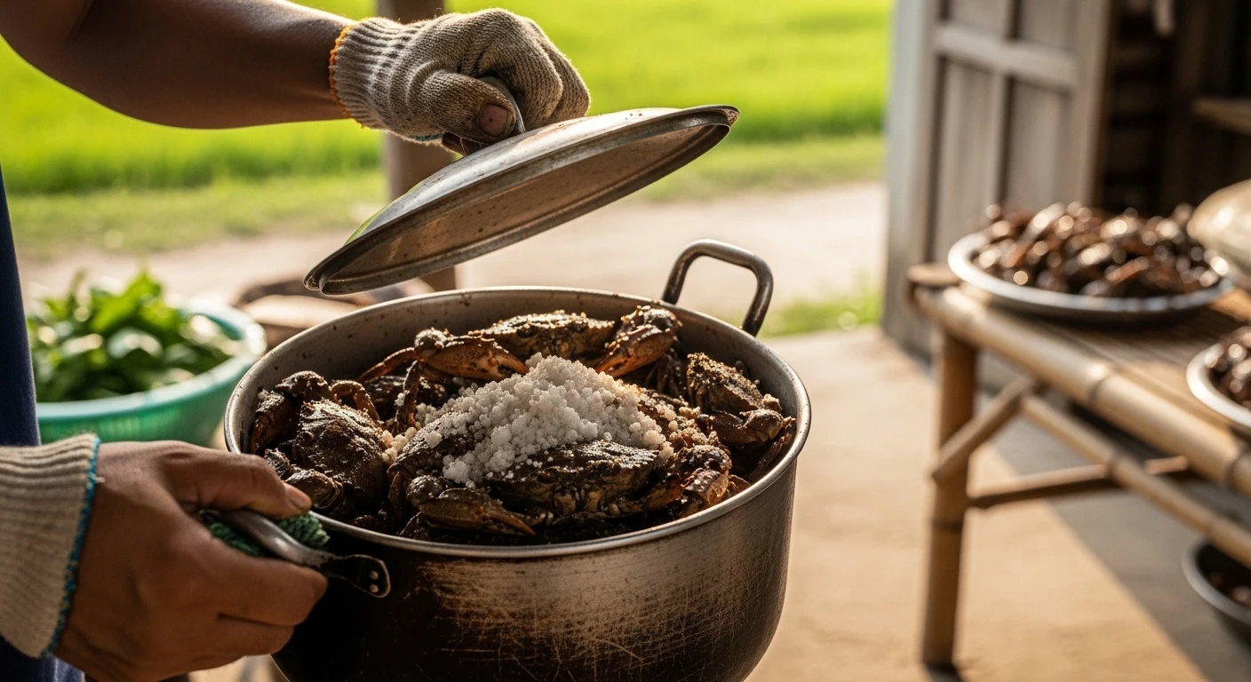 Field crabs being shaken in a pot with coarse salt