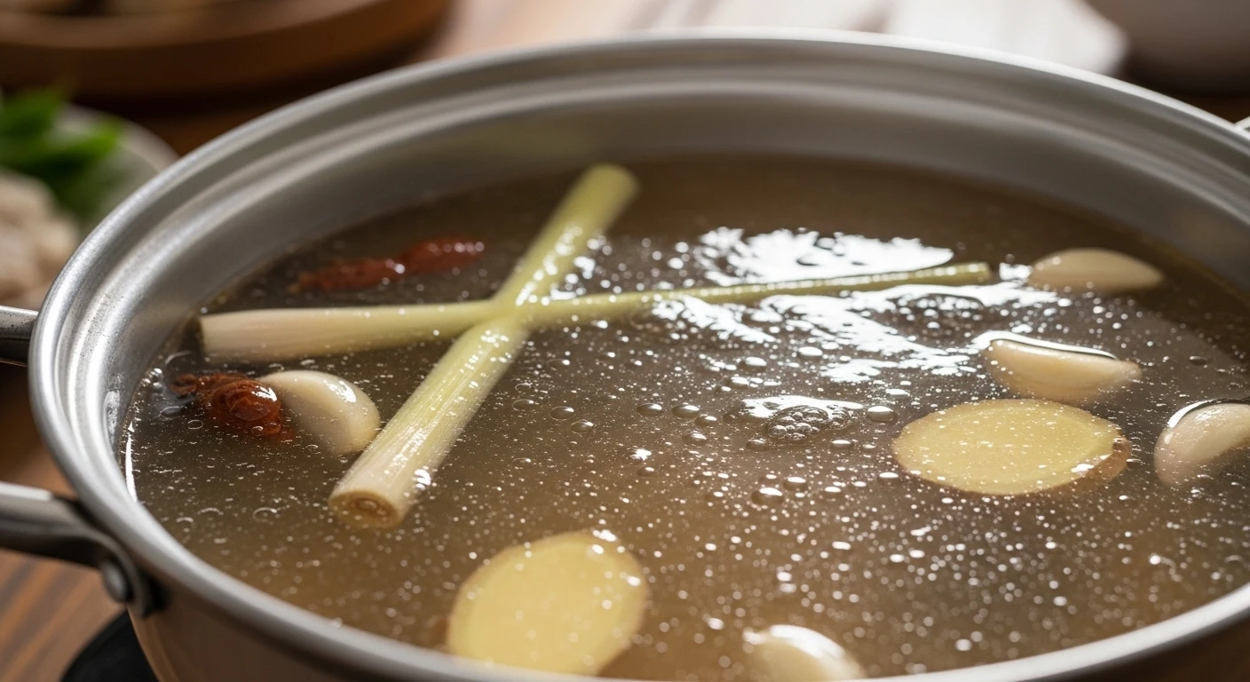 Crystal clear seafood hotpot broth with shrimp heads and aromatics