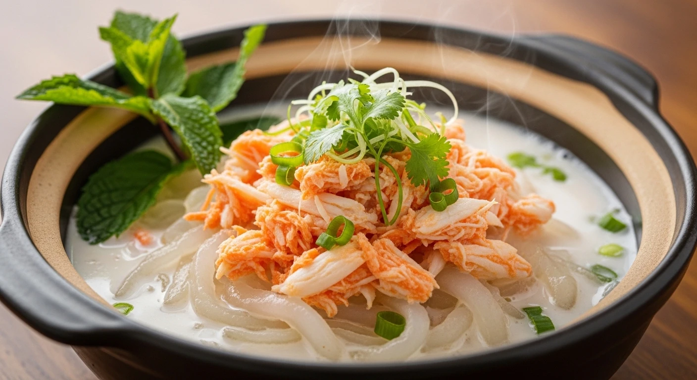 Mekong Coconut Milk Blue Crab Tapioca Noodles in a white bowl with steam rising
