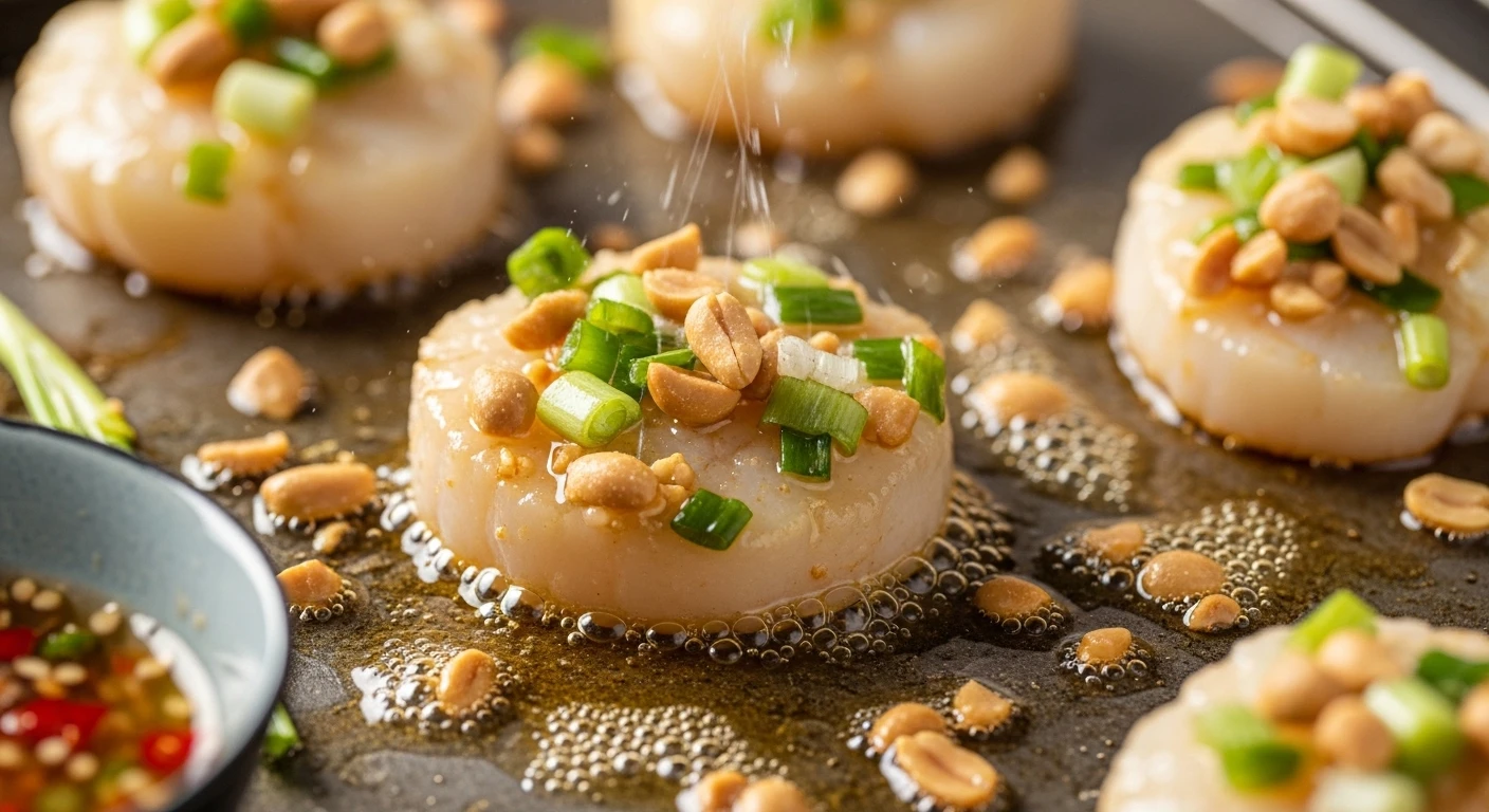 Cận cảnh đĩa Còi Biên Mai Nướng Mỡ Hành với mỡ hành và đậu phộng