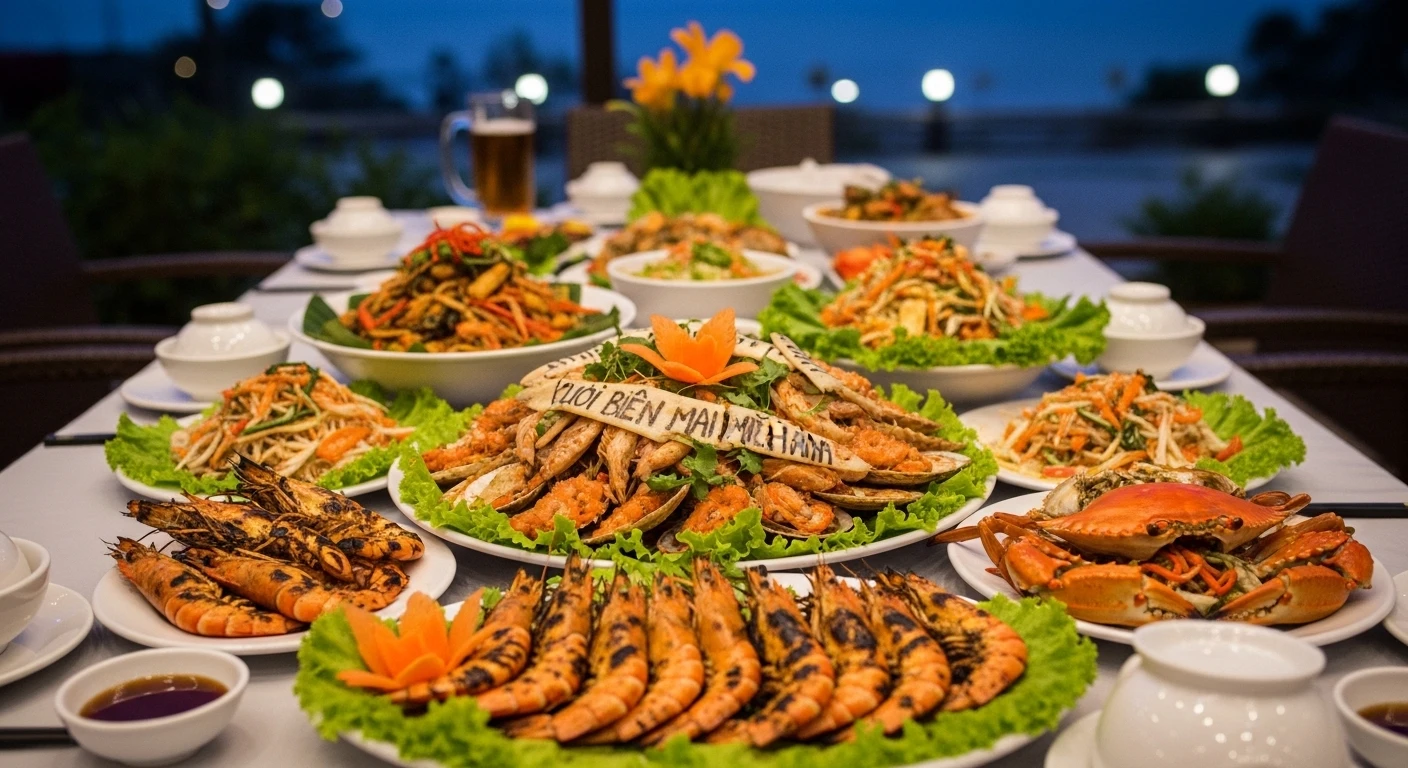 Bàn tiệc hải sản với Còi Biên Mai và các món khác