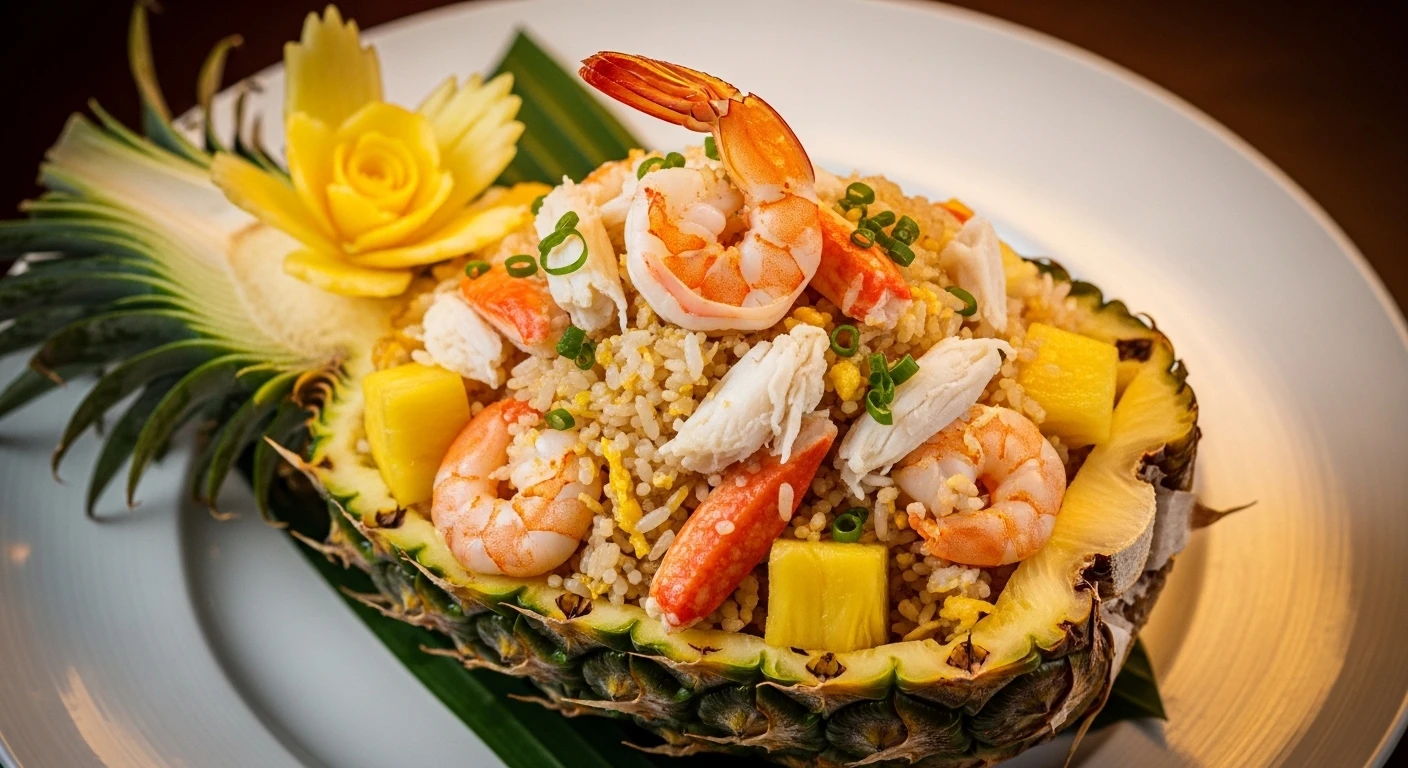 Cơm Rang Cua Dứa Hải Sản trình bày trong trái thơm cực kỳ hấp dẫn