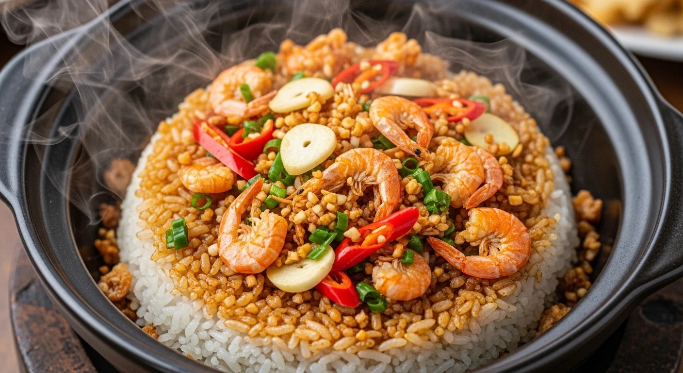 Cơm rang tôm khô trong nồi đất nóng hổi