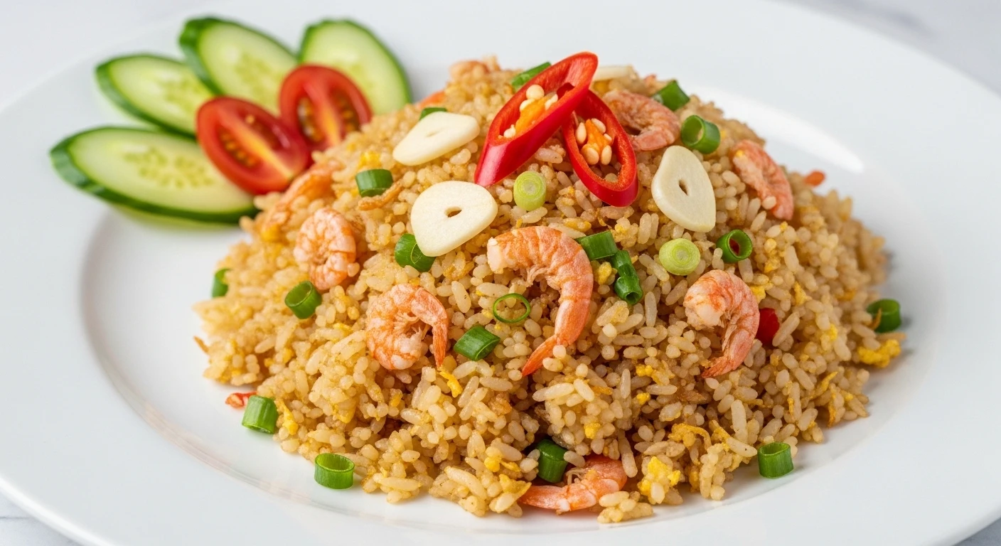 Đĩa cơm rang tôm khô tỏi ớt hạt tiêu hoàn chỉnh