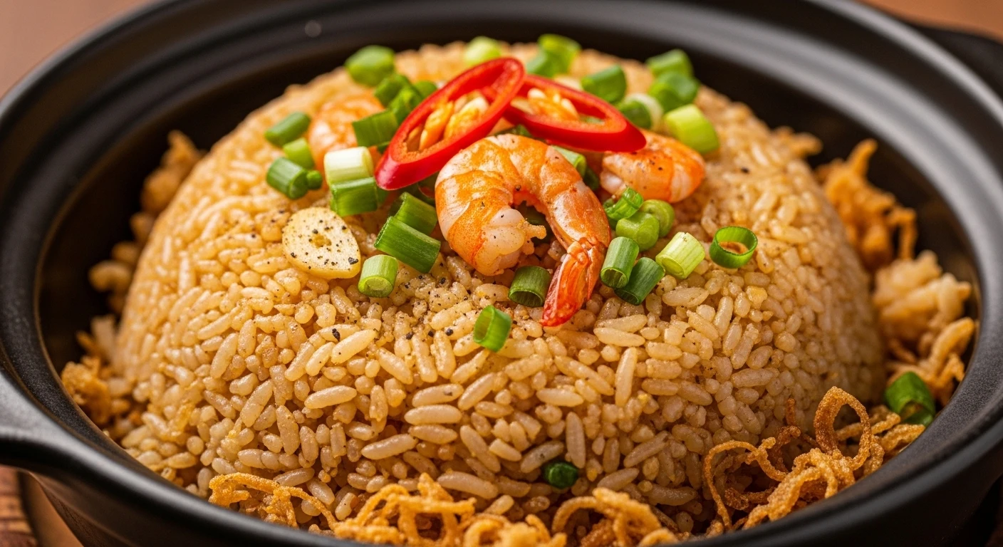 Cơm Rang Tôm Khô Tỏi Ớt Hạt Tiêu Nồi Đất Giòn Khụm Đáy