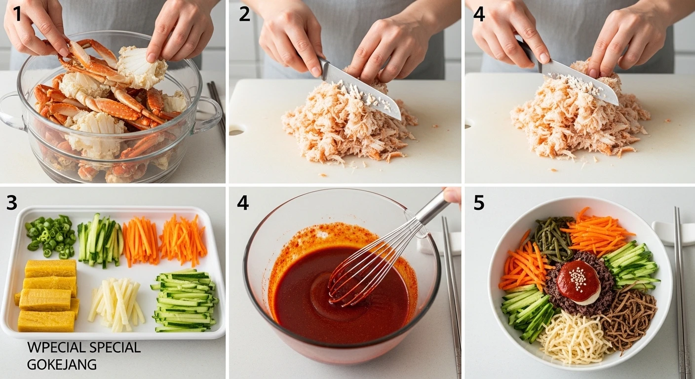 Các bước làm cơm trộn cua: sơ chế nguyên liệu, làm sốt, trình bày