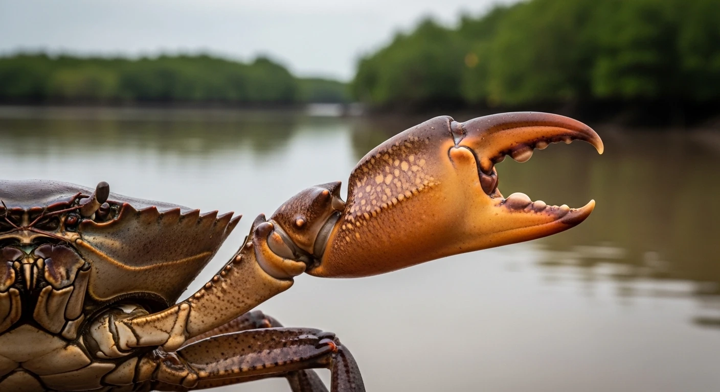A large mud crab with powerful claws, set against a blurred Mekong Delta background.