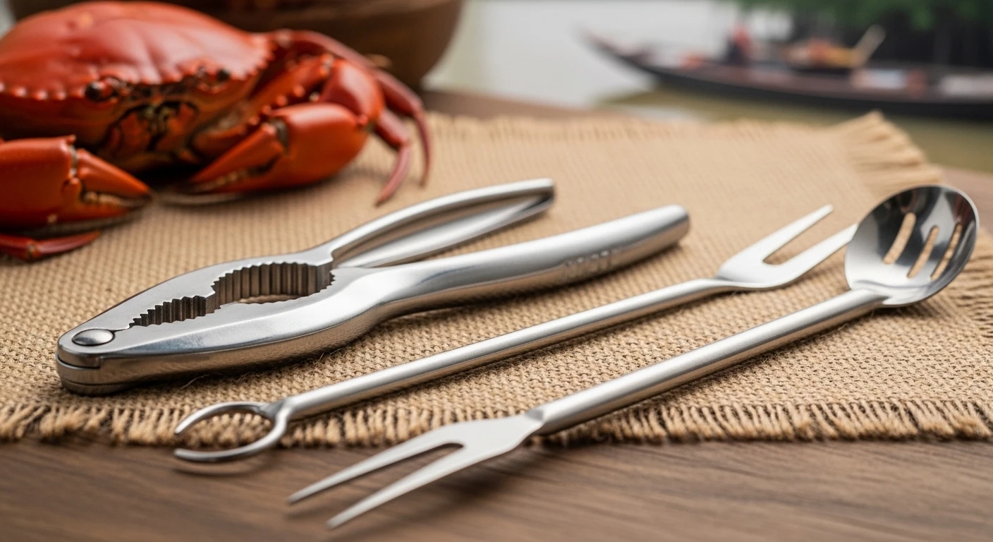 Essential crab eating tools: metal crackers and slender picks on a rustic table