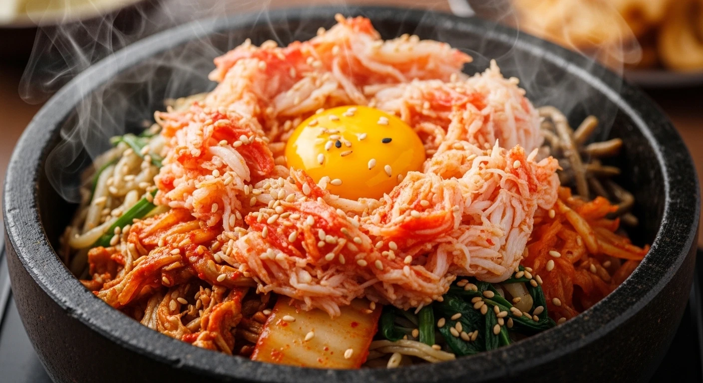 Korean Stone Bowl Crab & Kimchi Bibimbap sizzling