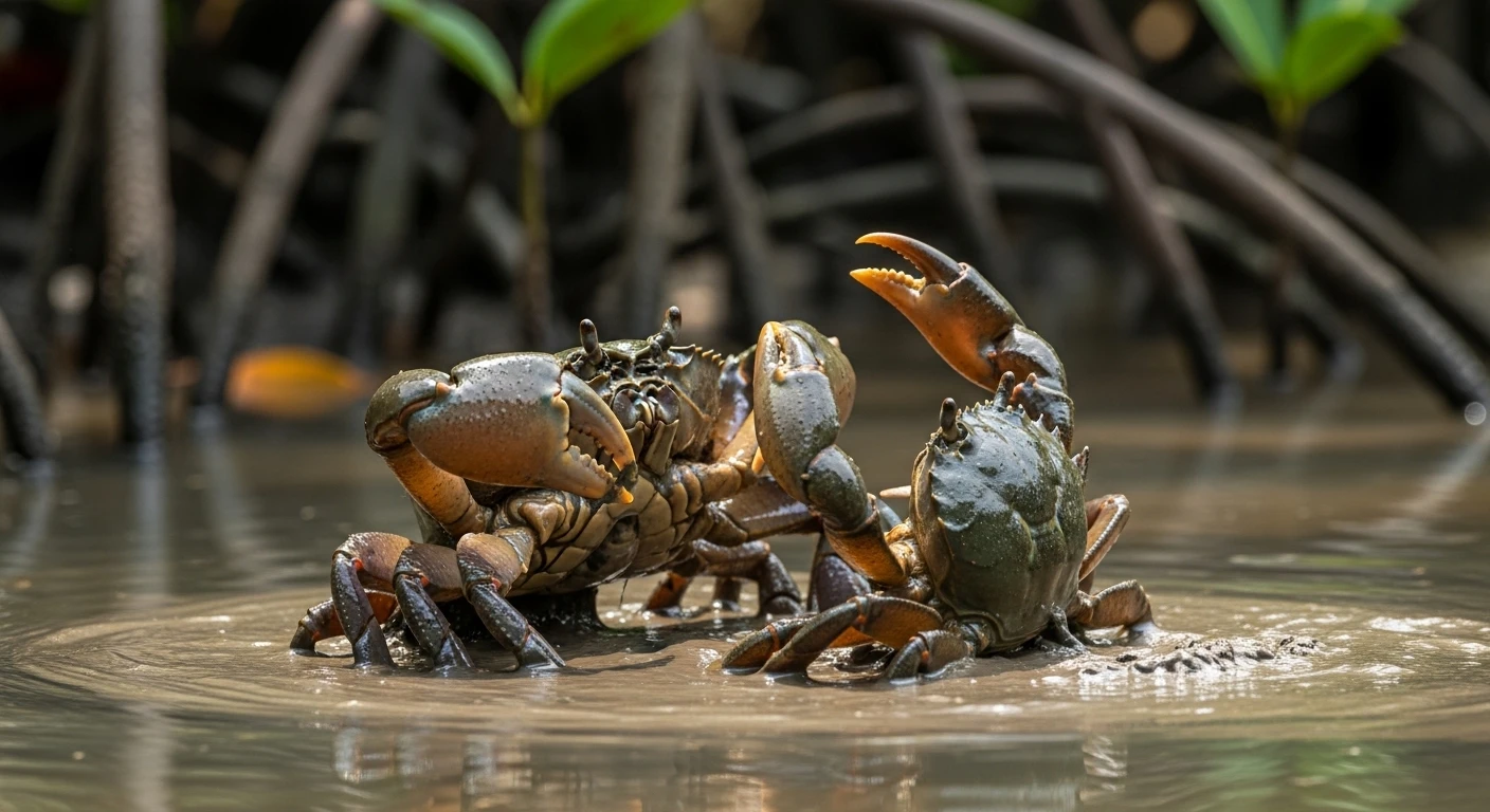 Two mud crabs engaging in a mating dance in the muddy waters of the Mekong Delta, surrounded by mangrove roots.