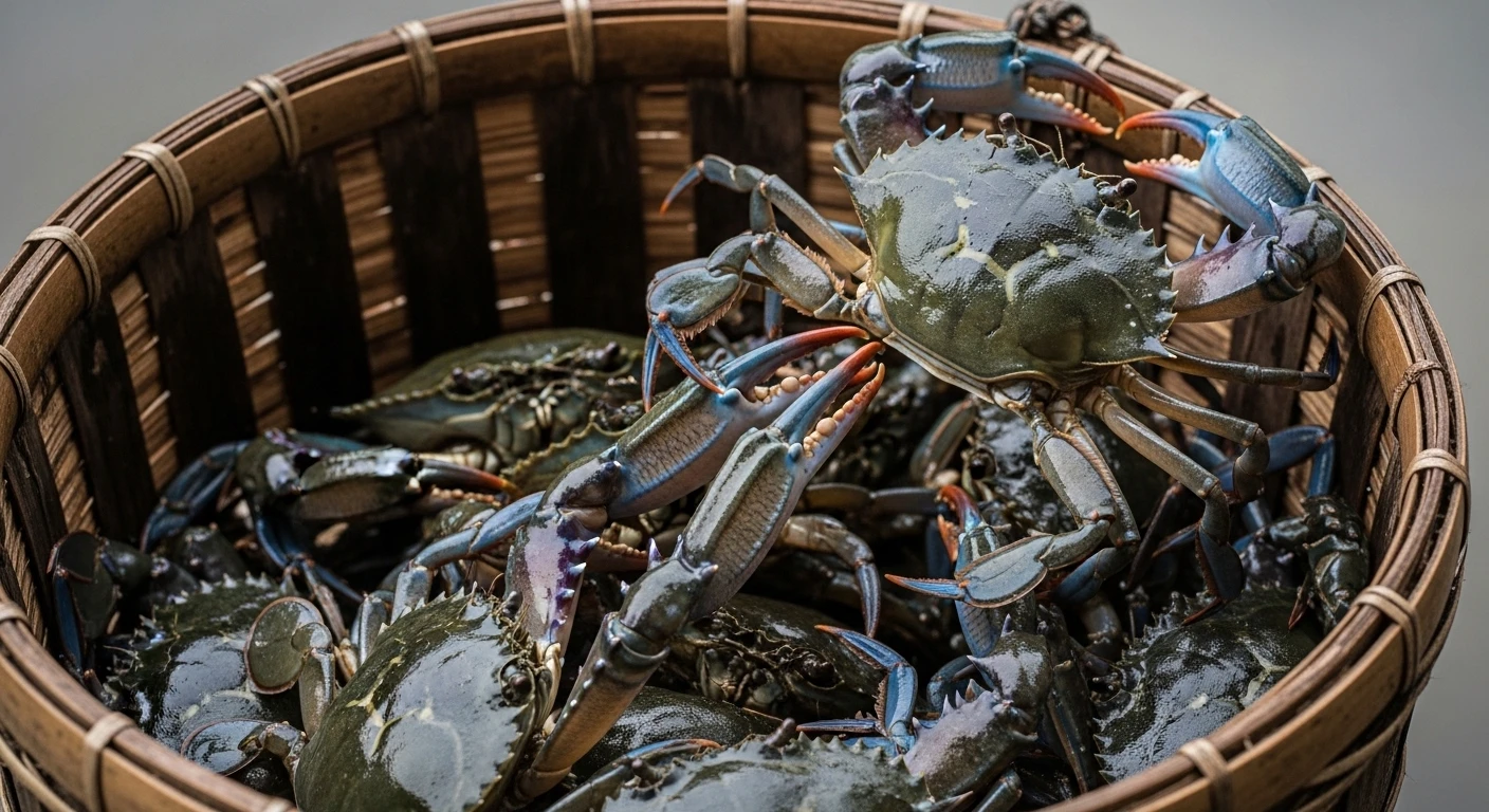 Crabs in a bucket, one reaching out, others pulling it down, symbolizing Crab Mentality