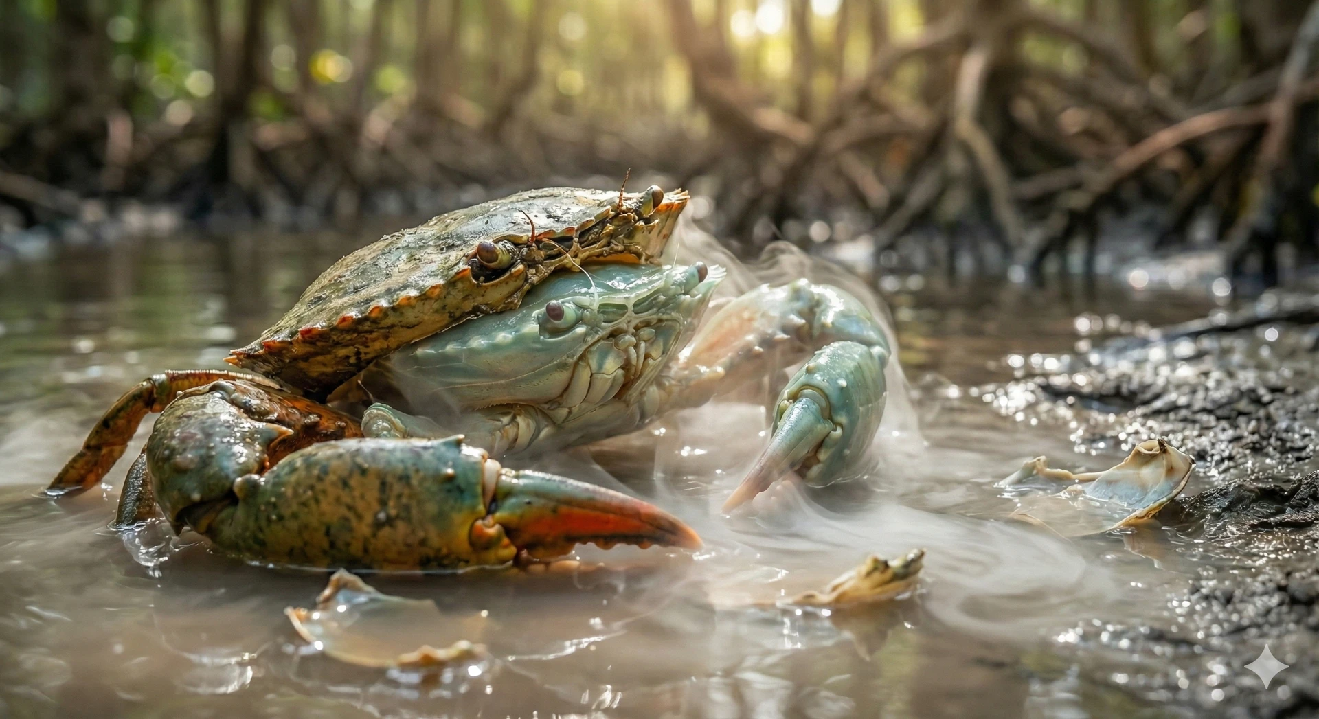 Crab in the process of molting, shedding its old shell in the Mekong Delta waters