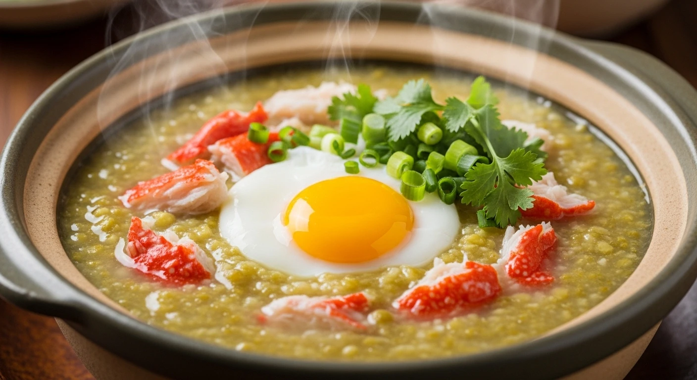 Steaming bowl of Crab and Mung Bean Porridge with a cracked egg on top