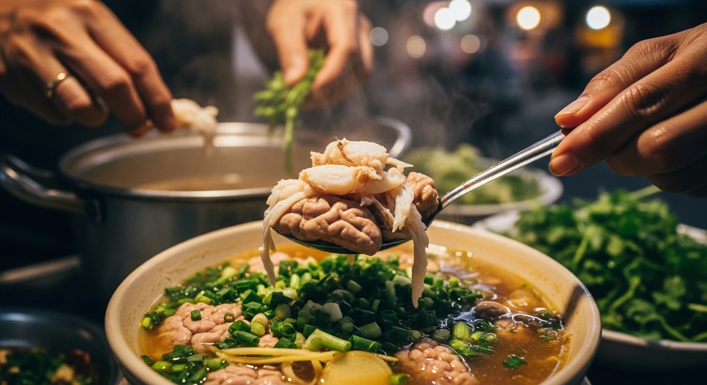 A steaming bowl of Sup Cua Oc Heo with crab meat and pork brain