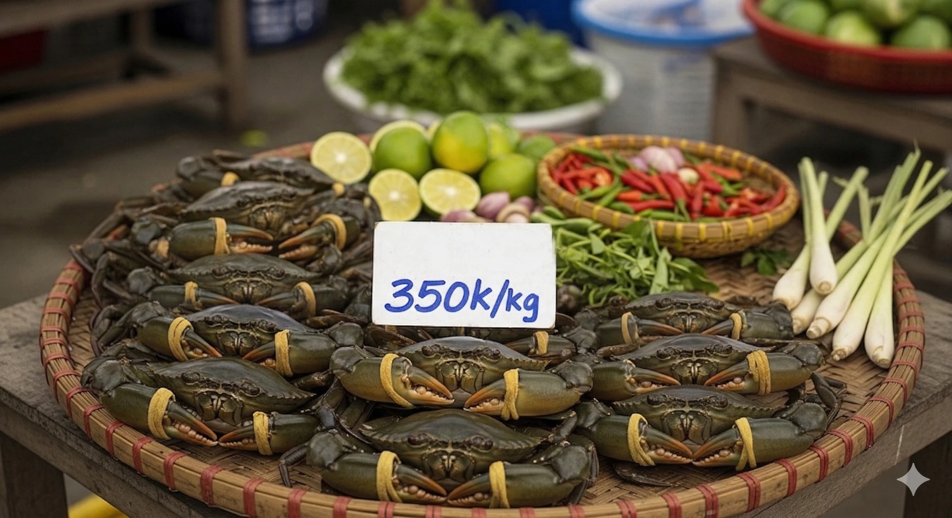 Ca Mau crabs displayed at a bustling market stall with price tags
