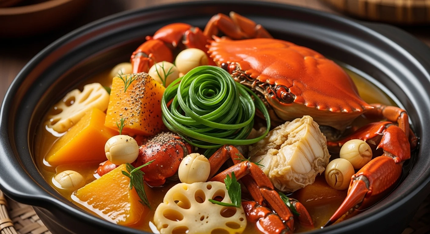 Slow-cooked crab stew with pumpkin chunks and lotus seeds