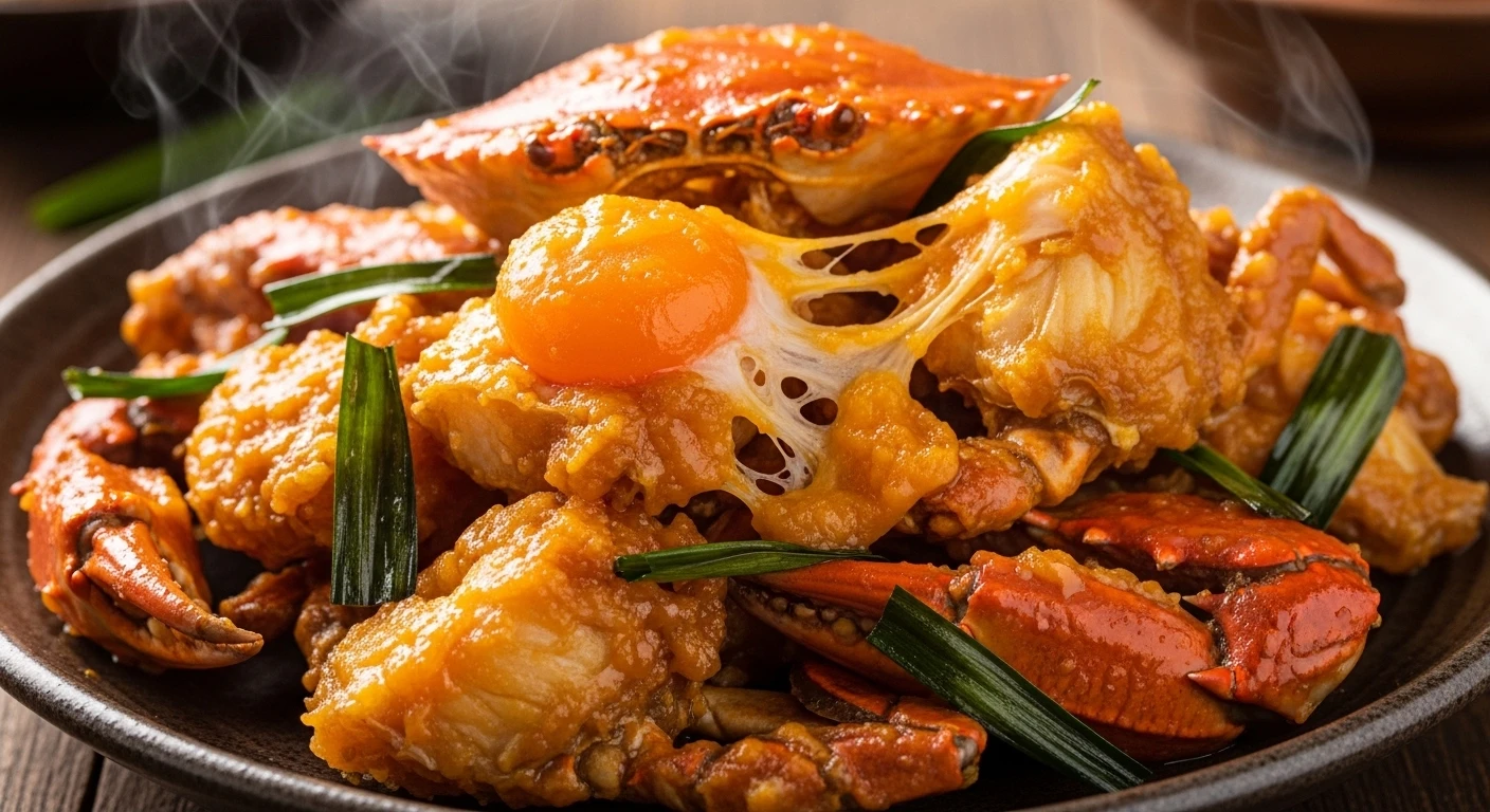 Viral Crab Stir-fried with Stretchy Salted Egg Yolk and Fragrant Green Pandan Leaves