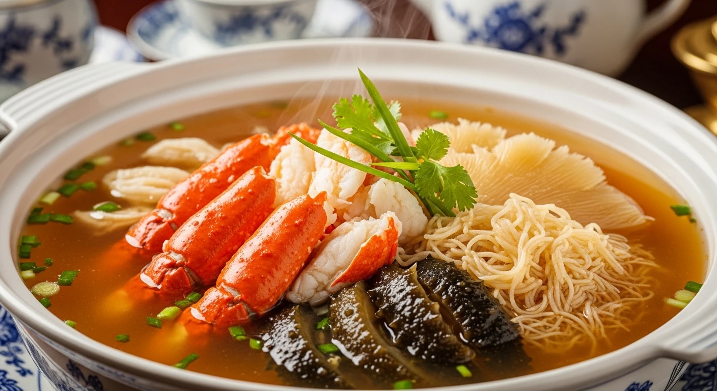 A steaming bowl of rich seafood soup with crab, sea cucumber, and other premium ingredients