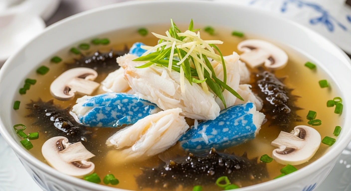 Blue crab, sea cucumber, and white mushroom soup in a delicate bowl